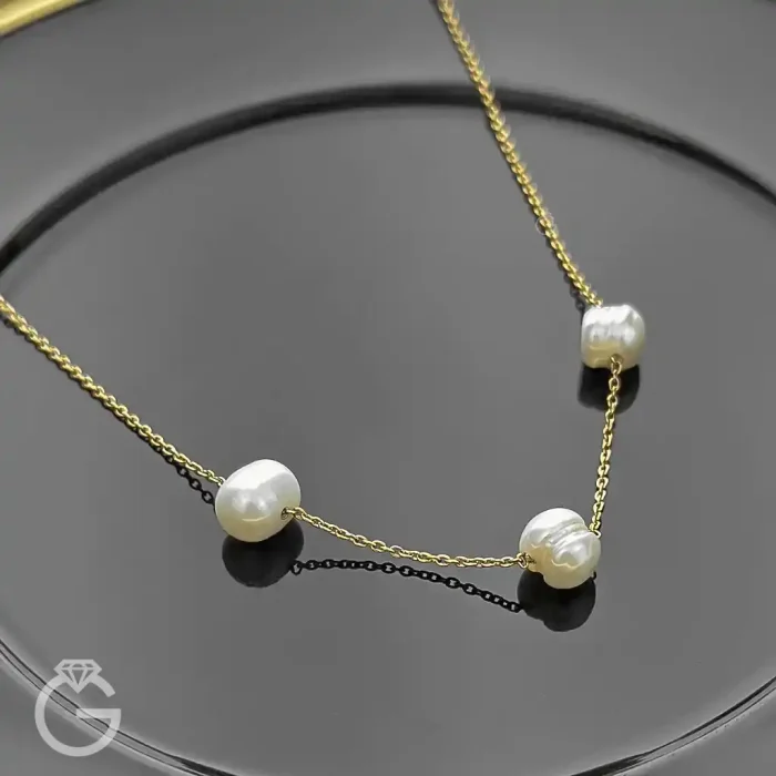 گردنبند طلای مرواریدی (3 مروارید) (10) گردنبند طلای مرواریدی (3 مروارید)