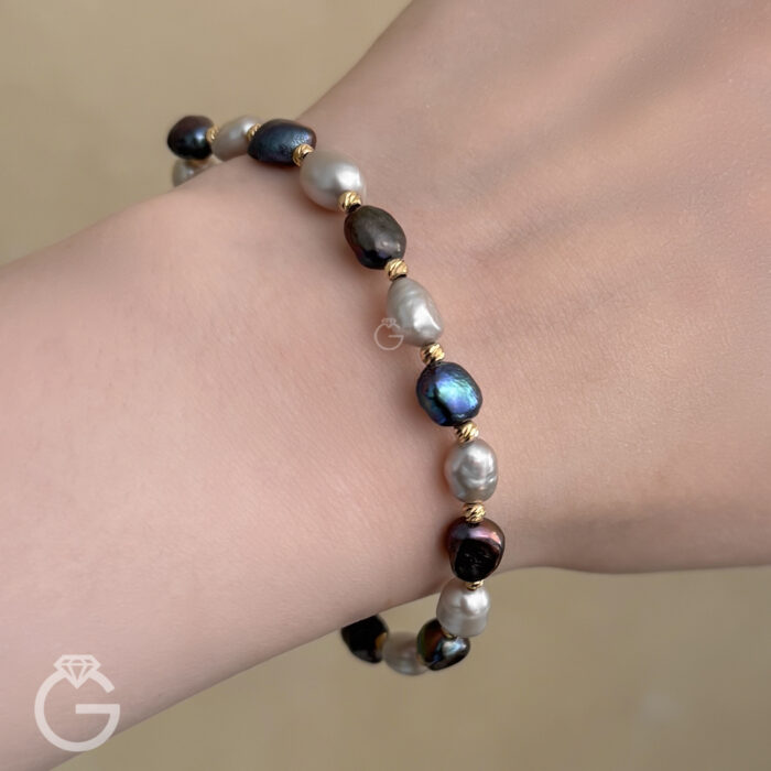 دستبند مروارید دو رنگ اصل و گوی طلا